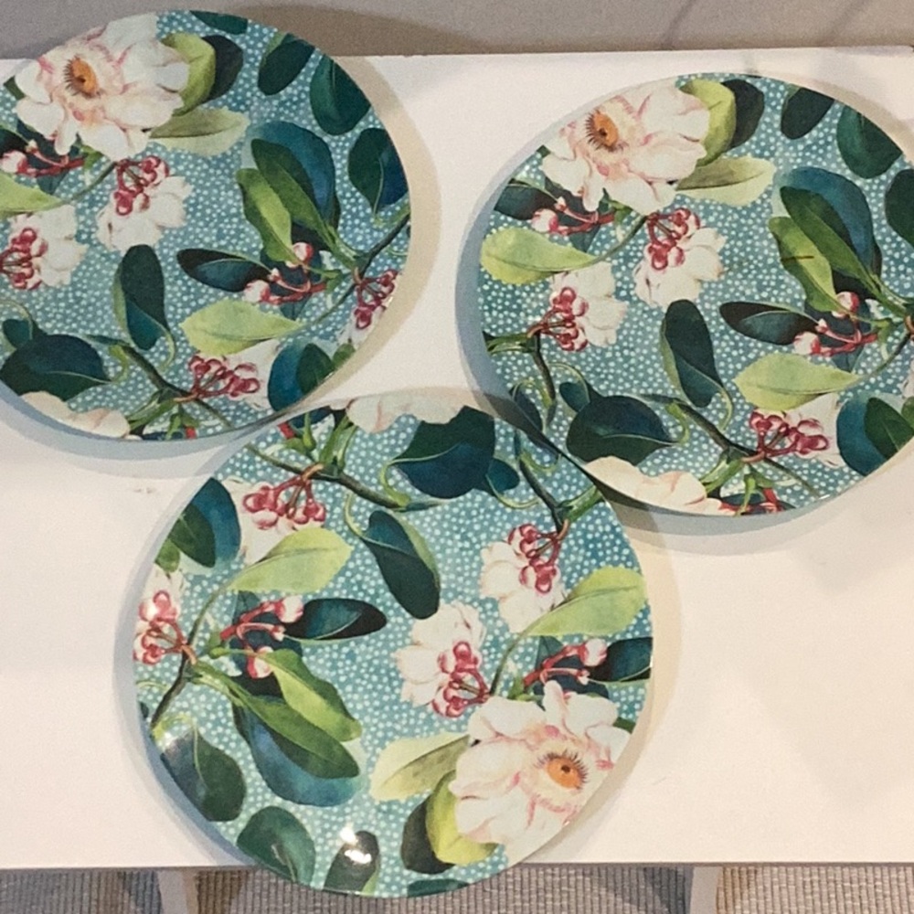3 Vintage Magnolia Print Salad Plates